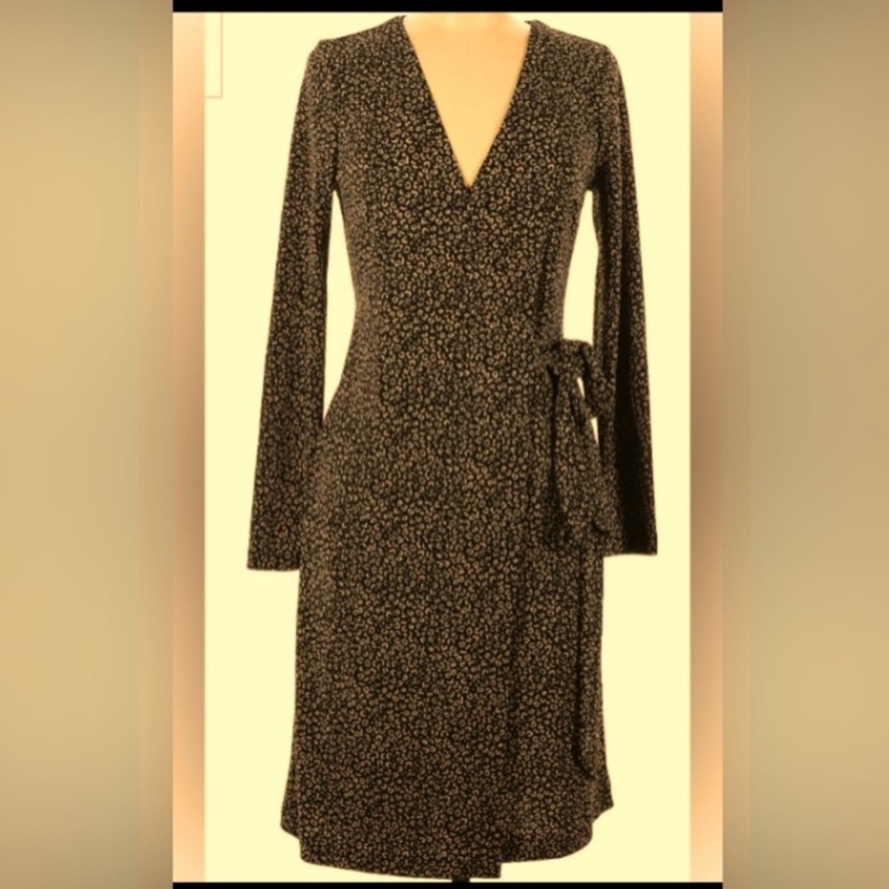 Ann Taylor Black Long-Sleeve Wrap Dress with Micro Floral